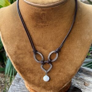 Retired Silpada N1257 Coin Pearl Hammered Sterling Silver and Leather Necklace